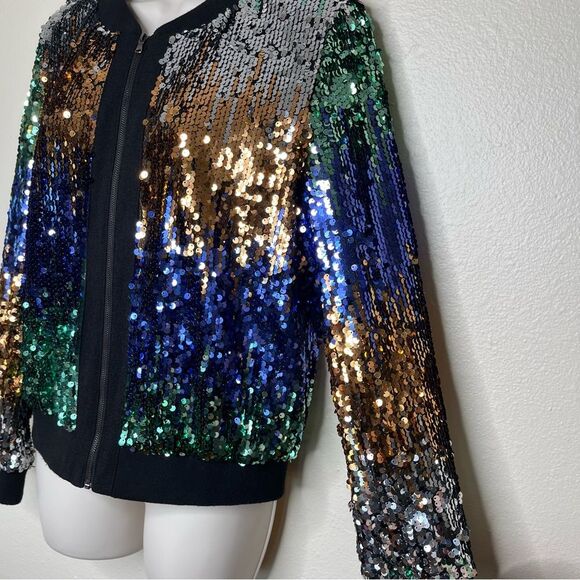 Starlette Multi Color Sequin Bomber Jacket Zip Front Lined Women Size Medium - Picture 4 of 14